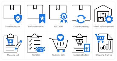 A set of 10 shopping icons as parcel protection, bookmark product, best order vector
