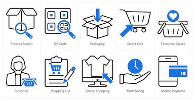 A set of 10 shopping icons as product search, qr code, packaging vector