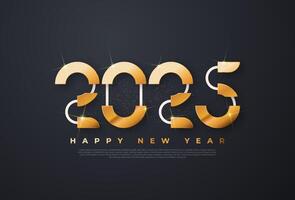 Happy new year 2025 typographic text poster design celebration. Glowing golden numbers and dark background vector