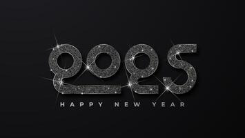 Happy new year 2025 celebration typography text poster design. Shiny silver numbers and dark background vector