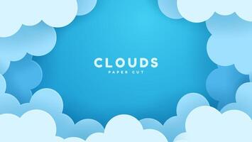 Beautiful fluffy clouds against a blue sky background. Paper cut style. Space for text. Banner header for a summer day. vector