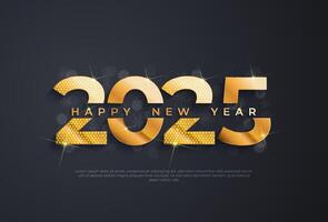 Happy new year 2025 typographic text poster design celebration. Glowing golden numbers and dark background vector