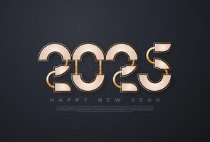 Happy new year 2025 typographic text poster design celebration. Glowing golden numbers and dark background vector