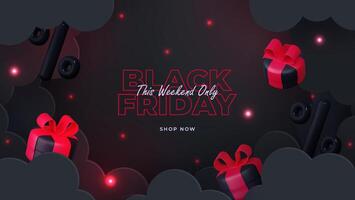 Black Friday background design featuring black clouds, gift boxes, and percent balloons. The center has an empty space perfect for adding text or promotions. Created 3D style. vector