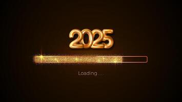 Progress bar with golden particles on black Download New Year's Eve. Loading animation screen with Glitter confetti shows almost reaching 2025. vector