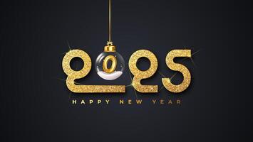 Happy new year 2025 typographic text poster design celebration. Sparkle golden numbers and dark background vector
