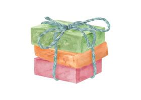Craft Soap bars tied with jute rope. Homemade colored scented soaps. Hygiene natural product. Fragrant bath soap. Hemp burlap ropes tied in bows. Watercolor illustration of organic cosmetics vector