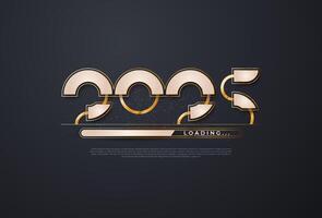 Progress bar with golden and white on black Download New Year's Eve. Loading animation screen with Glitter confetti shows almost reaching 2025. Creative festive banner with shiny progress bar. vector