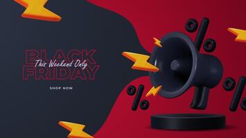 Black Friday sale design featuring text and megaphone. 3D style promotional graphic for websites, banners, and posters. vector