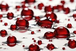 Red drops of water on a white background. Shallow depth of field. photo