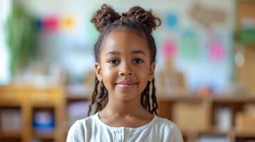 Portrait of smiling african american girl in classroom at school photo