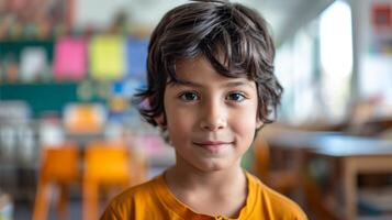 Portrait of cute boy looking at camera in classroom at elementary school photo