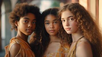 Three girls with long curly hair looking at camera photo