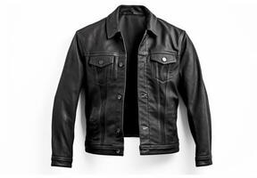 Black leather jacket on a hanger on a white background, top view photo
