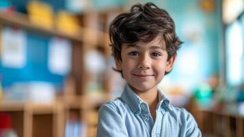 Portrait of a cute little boy smiling in a classroom at school photo