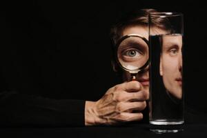 portrait of a man through a magnifying glass and a container of water photo