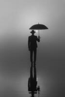 surreal portrait of a man in a suit and hat with an umbrella standing on the water photo