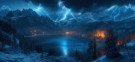 winter landscape panorama with thunderstorms and lightning in night sky in nature over lake with mountains photo