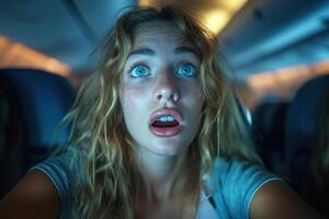 afraid scared anxiety frightened woman passenger with aerophobia inside falling airplane in turbulence flight photo