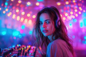 portrait of young beautiful girl DJ in headphones mixing music on a DJ mixer console controller on booth in a night club photo