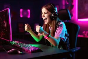 happy girl an esports player behind the monitor is happy to win an cybersports game competition. photo