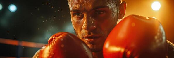 portrait of a white man professional boxer in red gloves in a boxing ring close-up photo