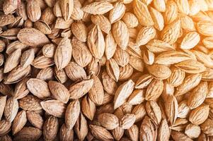 background with unpeeled almond kernels in a shell on market counter close-up photo