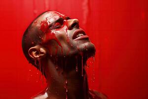 black upset man with red paint on his face is crying on a red background photo
