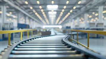 Automated conveyor belt transporting goods in a high-tech factory. Smart factory automation photo