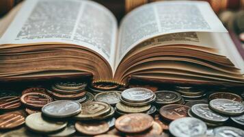 Open book in shape of bar graph with coins, depicting story of dividends. Dividend strategies photo