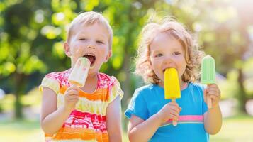Happy children savoring ice cream and popsicles in the park, enjoying sweet treats and playful times photo