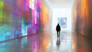 Big data patterns transformed into AI-generated art showcased in a sleek gallery environment. Data insights photo