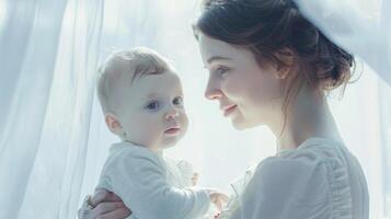 White ambiance frames mother and baby's shared glance, highlighting their expression of connection and trust. Mom and baby photo