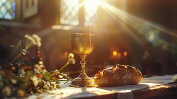 Warm sunlight on a golden chalice and fresh bread, representing communion and unity on an altar photo