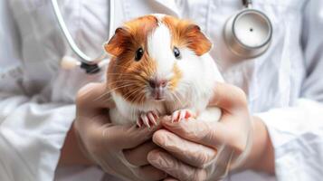 Young guinea pig in the hands of a veterinarian doctor during a routine checkup in the veterinary clinic. Veterinarian doctor holding cute animal photo