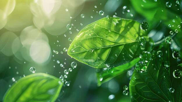 This abstract image portrays carbon molecules turning into green leaves, symbolizing the essential conversion of CO2 to oxygen by photosynthesis. Carbon reduction photo