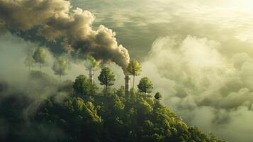 Smokestacks releasing trees, symbolizing the integration of industry and environmental consciousness. Carbon footprint reduction photo