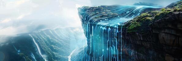Fantasy landscape with a river turning into digital data streams forming 2025, illustrating nature-technological fusion. New year 2025 banner photo