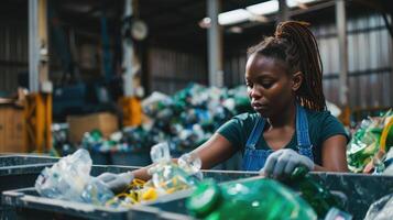The role of recycling in reducing carbon footprints illustrated by a woman sorting recyclables Carbon footprint reduction photo