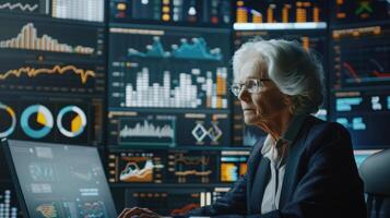 Elderly female professional analyzing business data with focus and precision amidst charts and graphs on large screens photo