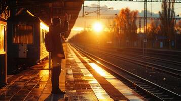 The poignant moment of a man waving to his girlfriend as they part ways at the train station, enveloped in a warm autumn sunset. Guy waving to a girlfriend photo