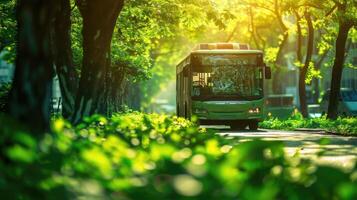 Green energy bus powered by biofuel in a lush cityscape, emphasizing eco-friendly urban mobility. Suitable for sustainable transport and eco-initiatives. Sustainable carbon reduction photo