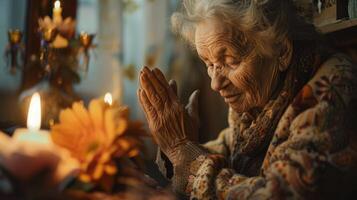 Spiritual Connection, Old Woman Praying at Home Altar in Serene Atmosphere photo