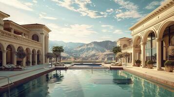 Grand luxury residence with expansive poolside, stunning water features, and mountain views. Luxury villa with swimming pool photo