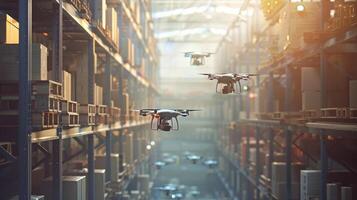 Robotic drones flying above a smart warehouse, scanning and organizing inventory efficiently. Smart factory automation photo