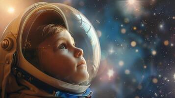 Child wearing astronaut helmet, gazing at stars, depicting themes of education and aspiration in a cosmic context photo