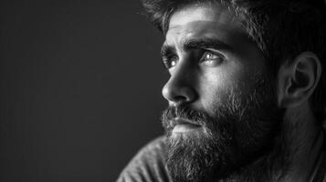 Black and white portrait of a man with a beard, moody and lost in thought photo