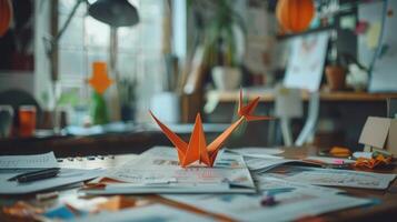 Creative workspace where financial reports are turned into origami art symbolizing innovative financial strategies. Financial insights photo