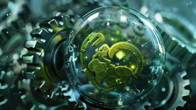Transparent globe with green energy heart encased by gears, showing synergy of technology and sustainability for carbon footprint reduction. Carbon footprint reduction technology photo