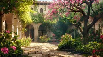 Blooming Trees and Lush Greenery Enhance the Tranquil Monastery Courtyard photo